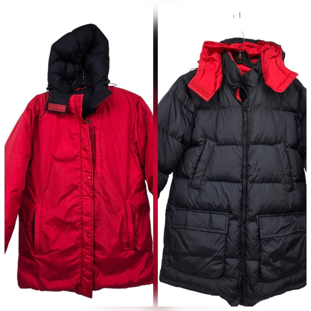 Lands End Reversible Down Puffer Jacket Coat Womens M Red Navy Outdoor Winter